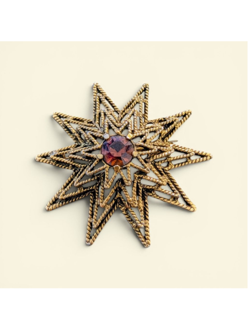 Vintage Tara Gold Tone Starburst Brooch Amber Rhinestone Celestial Statement Pin